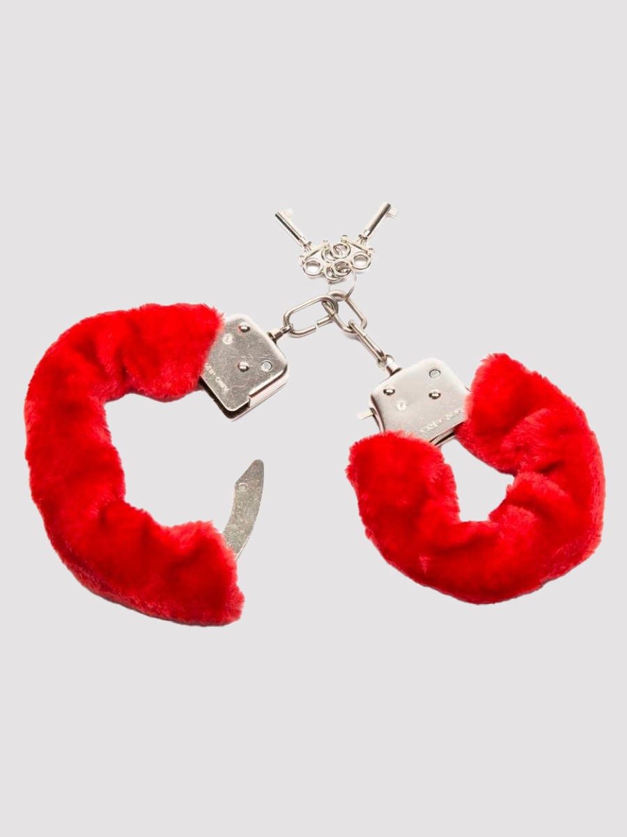 lovehoney red furry handcuffs amorana closeup