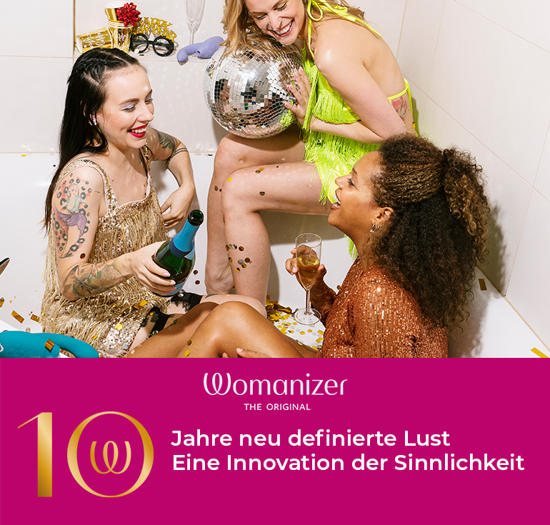 Eine Frau in einer Badewanne mit einem roten Womanizer Duo 2. Text: "Womanizer The Original Eine Innovation der Lust"